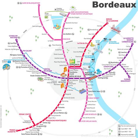 Bordeaux tram map with attractions - Ontheworldmap.com