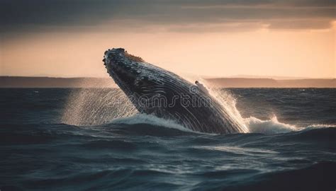 Majestic Humpback Whale Breaching in Sunset Sea Generated by AI Stock Photo - Image of humpback ...