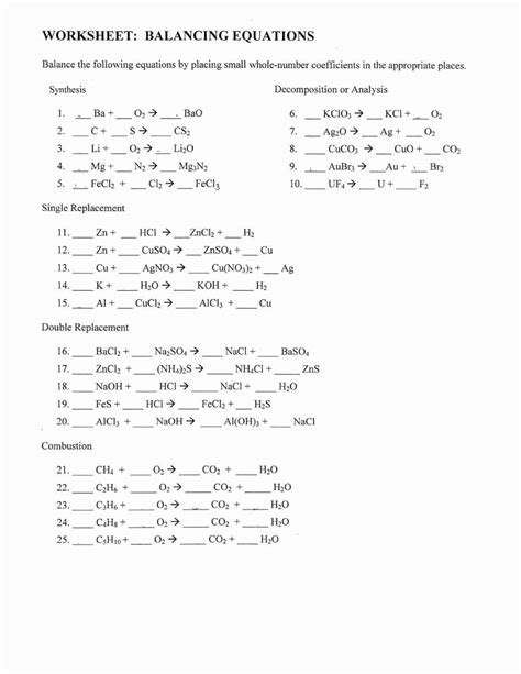 Balancing Chemical Equations Worksheets 2 Answer Key