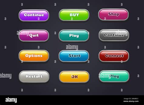 Cartoon buttons. Colorful video game ui elements. Restart and continue ...