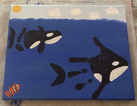 Handprint footprint orca whales with clownfish keepsake canvas acrylic paint gift | Whale crafts ...