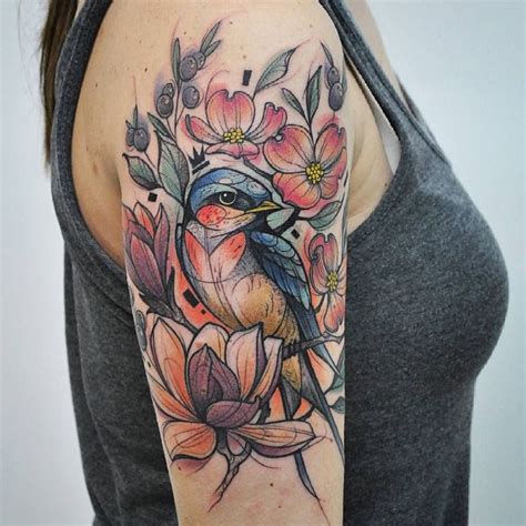 Bird and flower - 110 Lovely Bird Tattoo Designs