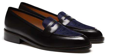 Penny Loafers in black & blue leather & velvet