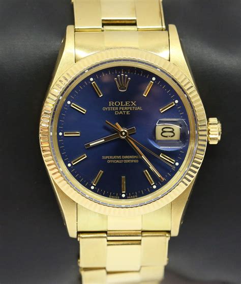 Rolex Oyster Perpetual Date in 14ct Yellow Gold with Blue index Dial ...