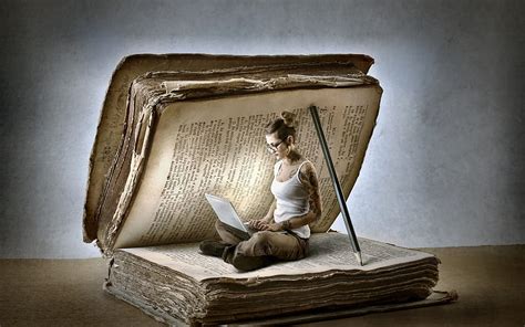 Book patrol, girl, laptop, an open book, HD wallpaper | Peakpx