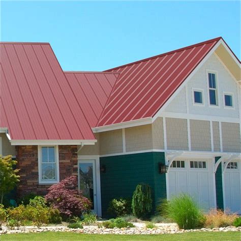 Exterior, Red Metal Roof Installed In Modest Home Designs That Have Pretty Gardens With Various ...