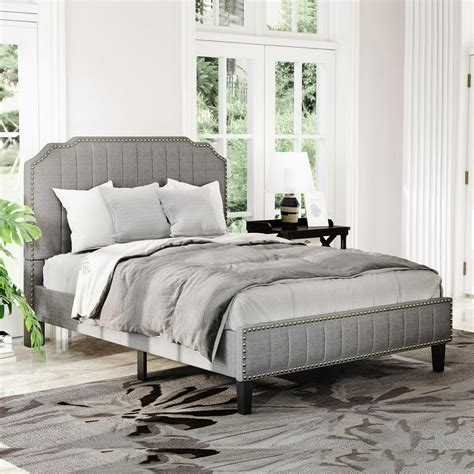 Full Size Upholstered Platform Bed Frame with Headboard, Modern Linen Curved Wood Bed with ...