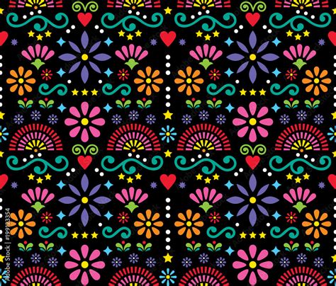 Mexican folk art seamless vector pattern, colorful design with flowers wallpaper inspired by ...