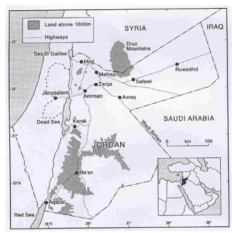 Showing Jordan and the locations of Azraq, Zarqa and Amman | Download ...