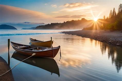 Premium Photo | A sunset with two boats on the water