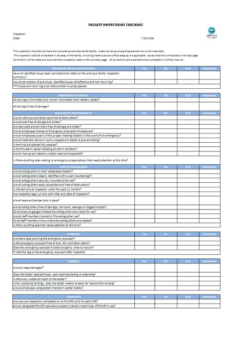 Inspection Spreadsheet Template pertaining to Facility Inspection ...