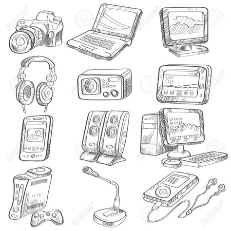 various electronic devices and gadgets drawn in black ink on white ...