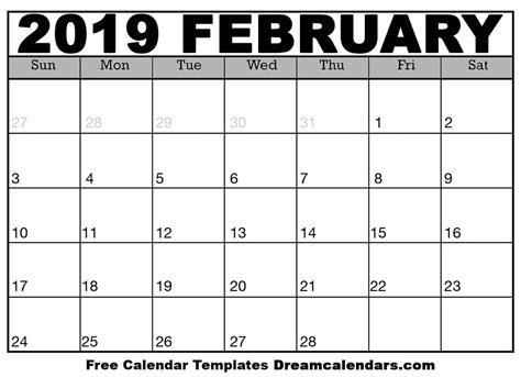 February 2019 Calendar - Free Printable with Holidays and Observances