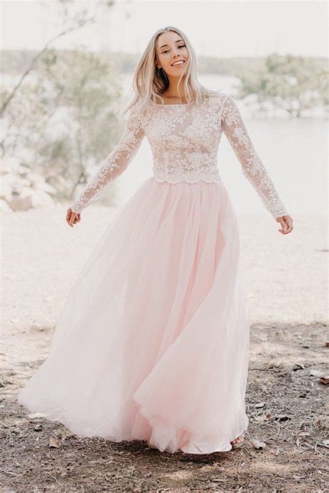 Ivory Lace Long-sleeved Wedding Gown Light Pink Tulle Skirt | Long ...