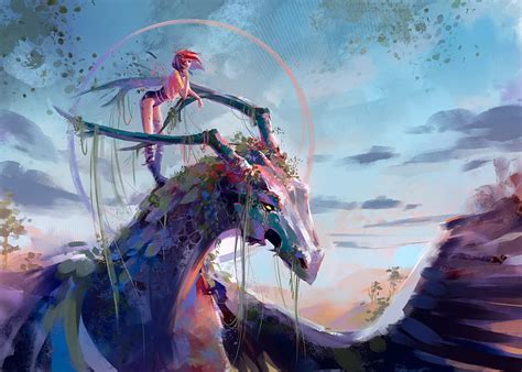 Fairy and dragon, fairy, art, fantasy, luminos, pegaited, pink, dragon, blue, HD wallpaper | Peakpx