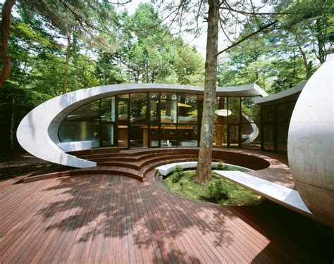 an unusual house in the woods surrounded by trees