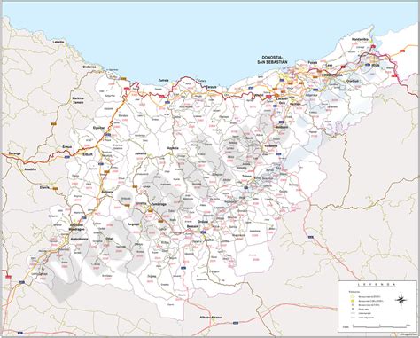 Gipuzkoa map with municipalities, major roads and postal codes