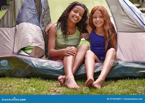 The Girls Tent. a Two Young Girls Sharing a Tent while Camping. Stock Image - Image of kids ...