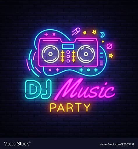 Dj music neon sign night party design Royalty Free Vector