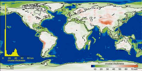 Present‐day crustal thickness map of Earth based on the CRUST 1.0 model ...