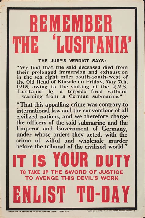 WW1, poster, Remember the Lusitania, 1915-1918 Ww1 Posters, Propaganda ...