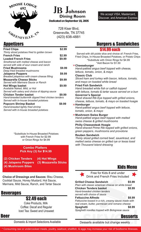 Greeneville Moose Lodge menu in Greeneville, Tennessee, USA