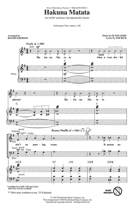 Hakuna Matata (from The Lion King) (arr. Roger Emerson) por Elton John Partituras para SATB Coro ...