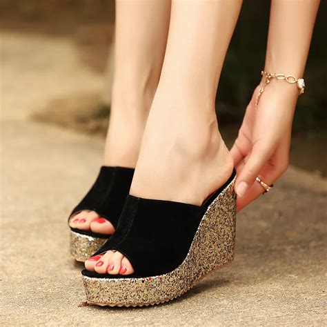 Aliexpress.com : Buy Nice Fashion Sequins High Heel Slippers Women Summer Shoes Suede Platform ...