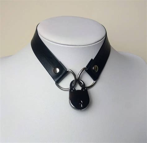 Locking Collar Black Faux Leather Choker With Metallic - Etsy