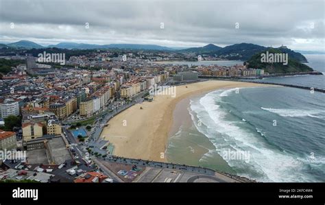 San Sebastian beach zurriola from above with mountains in background ...