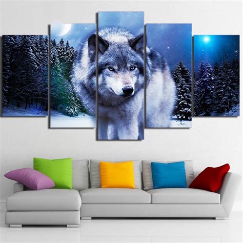 Snow Wolf Moon 21 – Animal 5 Panel Canvas Art Wall Decor – Canvas Storm