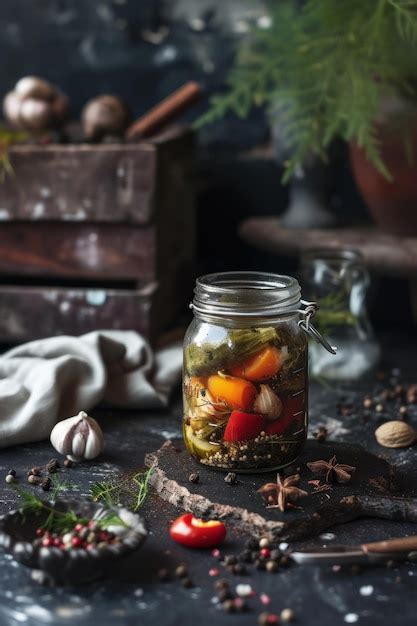 Premium Photo | Jar with different pickled vegetables