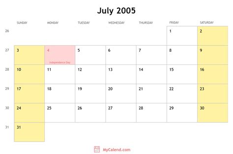 July 2005 calendar with holidays - monthly printable calendar