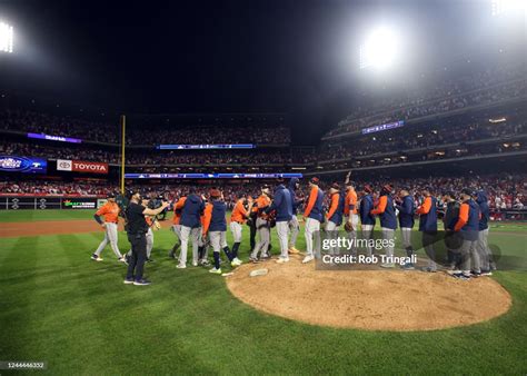 The Astros celebrate after Game 4 of the 2022 World Series between ...