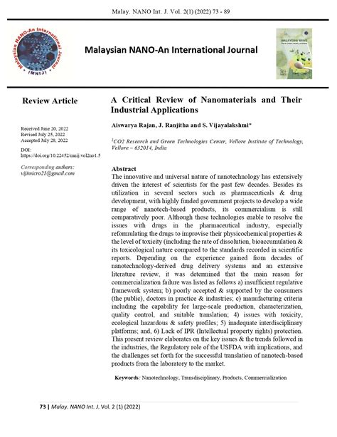 A Critical Review of Nanomaterials and Their Industrial Applications | Malaysian NANO-An ...