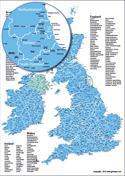 UK County Boundary Map with Towns and Cities