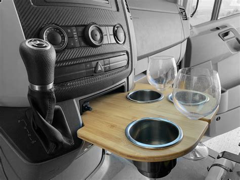 Sprinter Cupholder, snack tray, Bamboo and stainless | Cup holder, Sprinter van, Sprinter