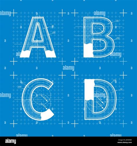 Construction sketches of A B C D letters. Blueprint style font Stock ...