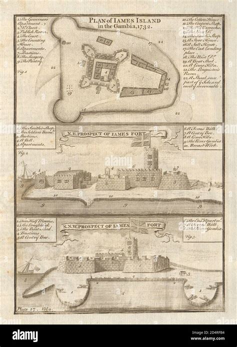 Views and plan of Fort James, Kunta Kinteh Island, Gambia River 1745 old map Stock Photo - Alamy