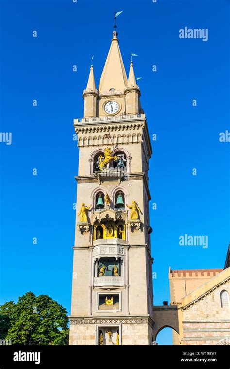 Clock tower of Messina Cathedral (Italian: Duomo di Messina) in Messina city, Sicily, Italy ...