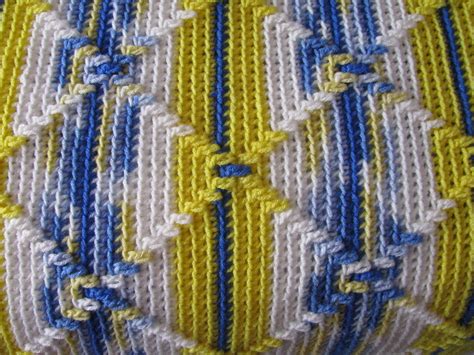 Close-up of traditional Navajo crocheted afghan pattern. This one is done in bright blues and ...