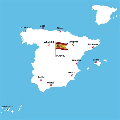 A detailed map of Spain with indexes of major cities of the country. National flag of the state ...