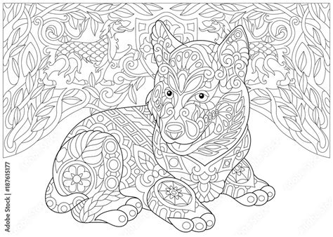 Coloring Page. Adult Coloring Book. Siberian Husky Puppy (Alaskan malamute). Coat of arms with ...