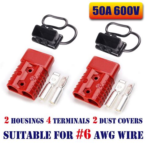 50amp Anderson Compatible 2 Pole Power Connector Plug RED W/terminals for 6, 8, 10/12 AWG Wire2 ...