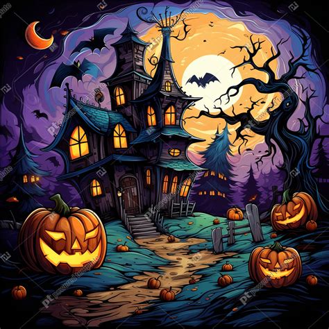 Spooky Halloween Cartoon Scene with Ghosts Pumpkins Bats and Old House ...