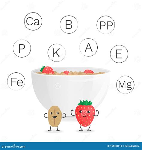 Vector Illustration with Bowl of Oatmeal, Smiling Cartoon Characters and Names of Vitamins and ...