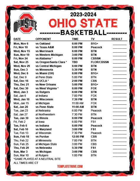 Printable 2023-2024 Ohio State Buckeyes Basketball Schedule