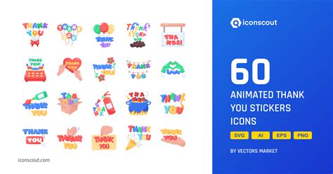 Animated Thank You Stickers Icon Pack - 60 Flat Entertainment Icons | SVG, PNG, ICO Available