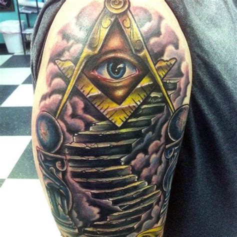 Stairs With All Seeing Eye Mens Masonic Upper Arm Tattoo Design Masonic ...