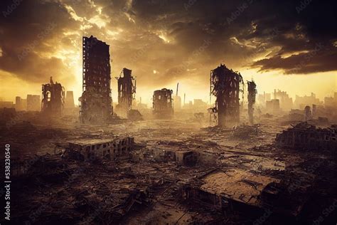 A post-apocalyptic ruined city. Destroyed buildings, destroyed roads ...